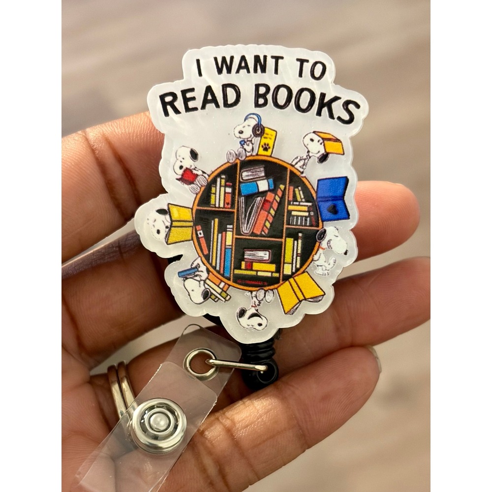 Peanuts Snoopy I Want To Read Books Retractable ID Badge Reel Acrylic Bookworm